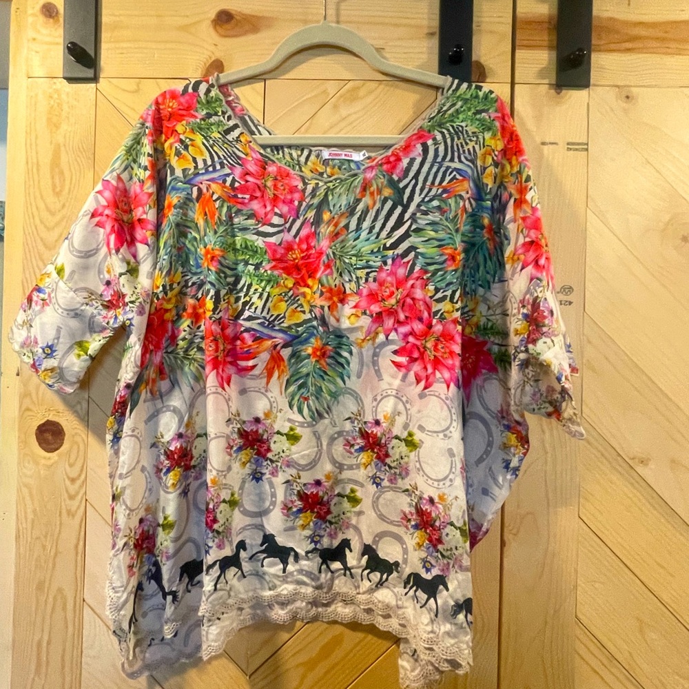 Johnny Was multi colored silk top. Gently used. Runs a bit big.